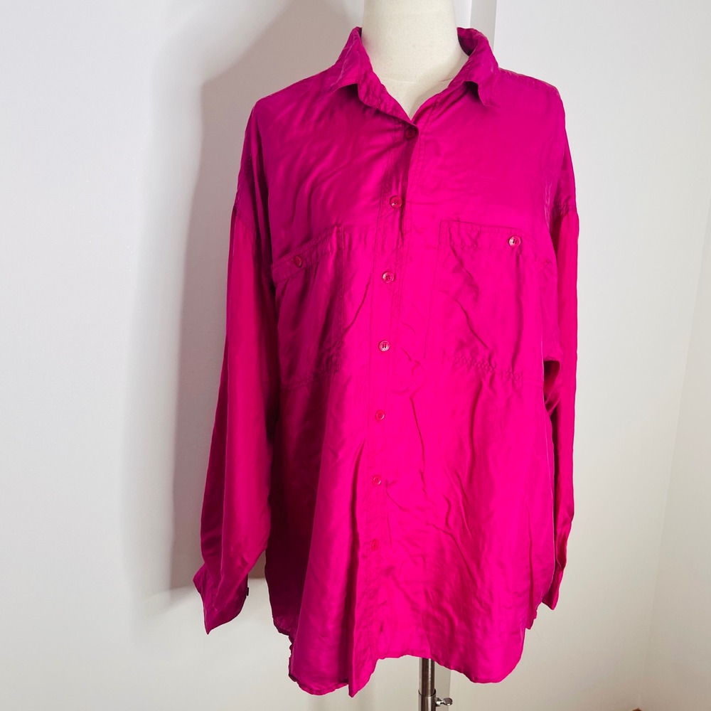 Leena Studio Women Magenta Pink 100% Silk Button Down Shirt Oversized Large